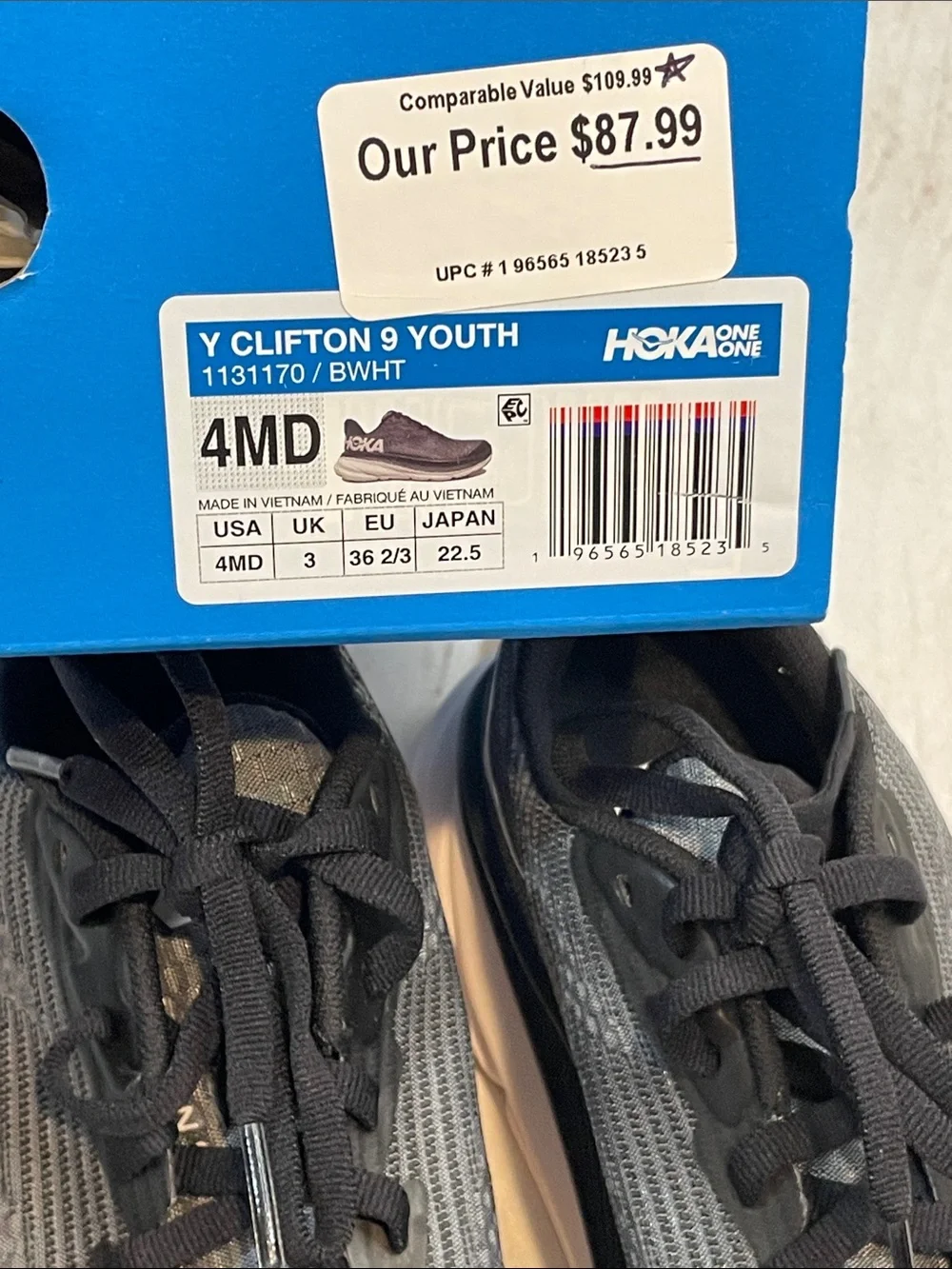 NEW Hoka Clifton 9 Youth 4 Sneakers Gray Black Running Shoes Boys Girls NIB